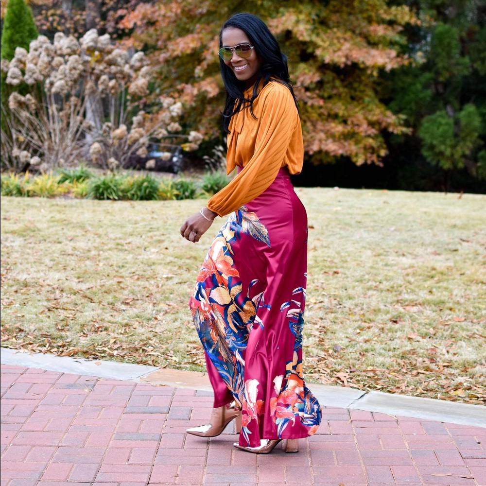 Women's New Satin Red Flower Printed Maxi Skirt